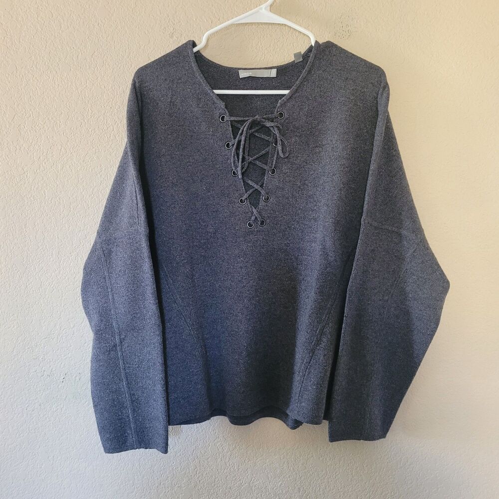 Vince Cashmere Wool Sweater Womens Medium Lace Up Pullover Boxy Jumper Dark Gray